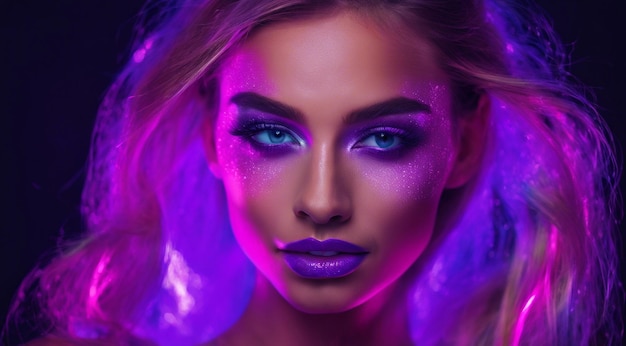 Pretty young woman uv neon pigment makeup fluorescent colors dark background woman with uv makeup