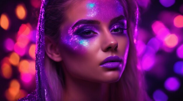 Photo pretty young woman uv neon pigment makeup fluorescent colors dark background woman with uv makeup