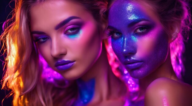 Foto bella giovane donna uv neon pigmento makeup colori fluorescenti sfondo scuro donna con makeup uv