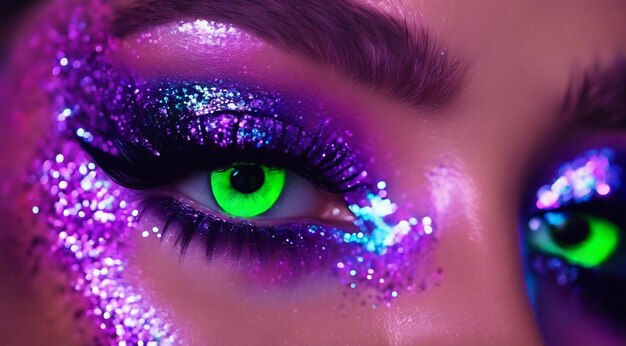 Pretty young woman uv neon pigment makeup fluorescent colors dark background woman with uv makeup