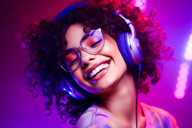 Pretty young woman wearing glasses isolated on background in multicolored neon