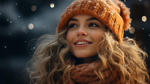 Pretty young woman wearing hat and scarf Close up
