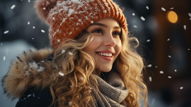 Pretty young woman wearing hat and scarf Close up