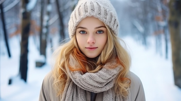 Pretty young woman wearing hat and scarf Close up