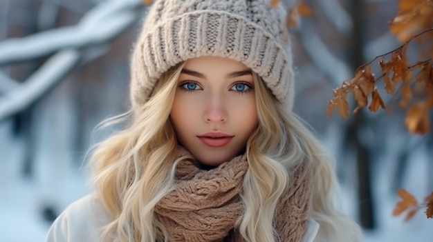 Pretty young woman wearing hat and scarf Close up