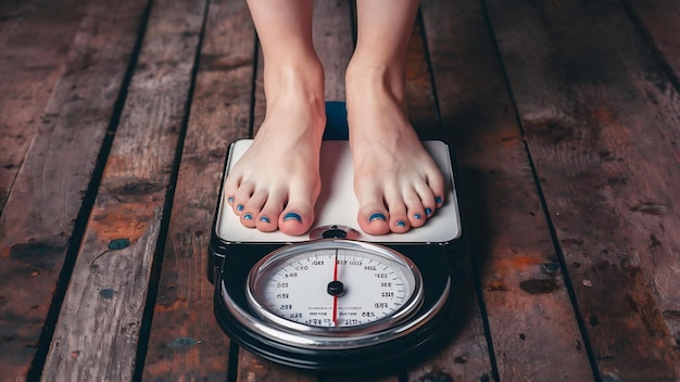 Photo pretty young womans feet with blue toenails stepping on an old fashioned black an white scale with