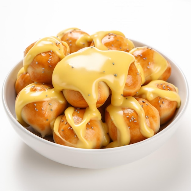 Pretzel Bites with Cheese Sauce with white backgrou