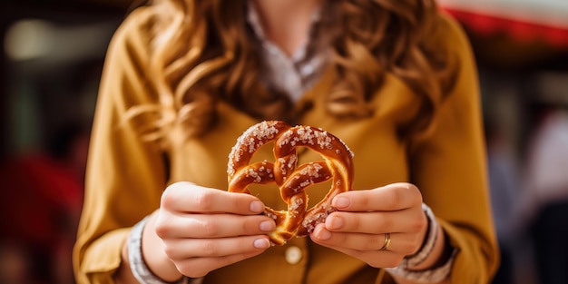 Pretzel in the hands of a girl in a traditional Bavarian dress