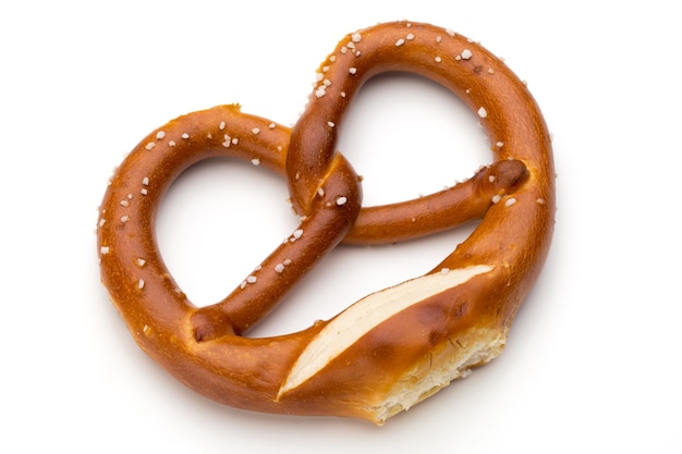 pretzel isolated on white. fresh fragrant brezel top view.