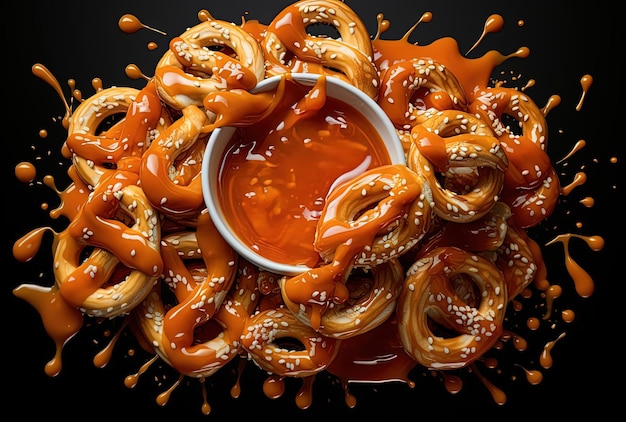pretzel snacks with a sauce in the style of tumblewave