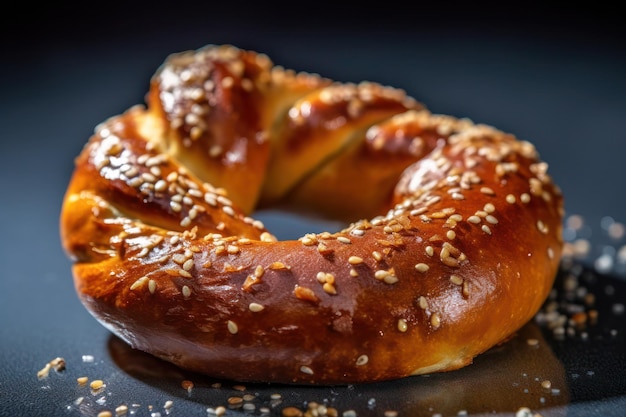 Pretzel with sesame seeds sitting on a table