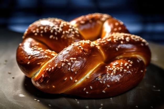 Pretzel with sesame seeds sitting on a table