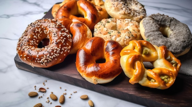 pretzels baked pastry with various toppings on a marble table