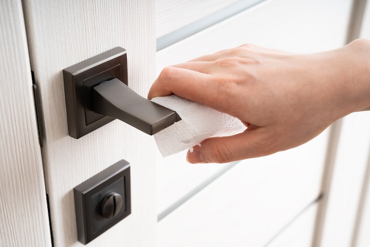 Photo prevention cleaning woman wiping doorknob with antibacterial disinfecting wipe for killing virus