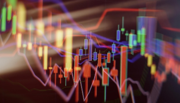 Price graph and indicator red and green candlestick chart on\
blue theme screen market volatility up and down trend stock trading\
crypto currency background