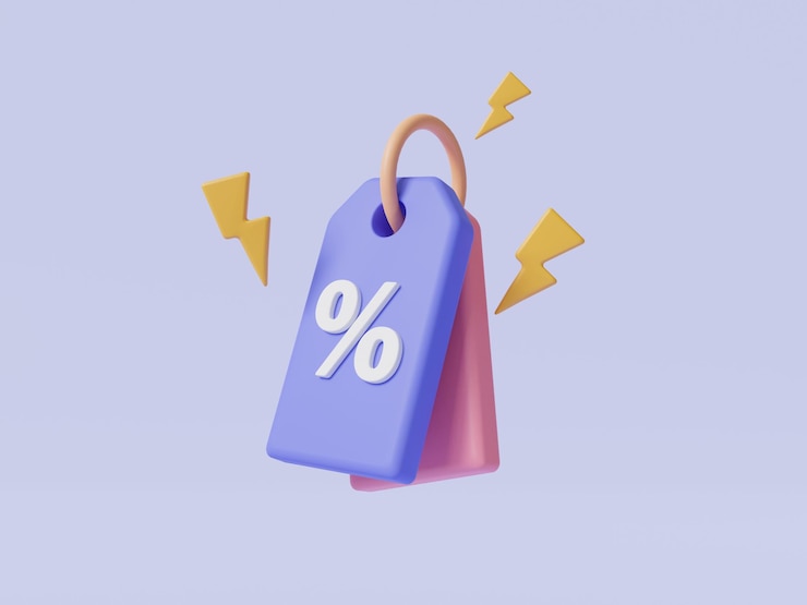 Photo price tag with thunder bolt icon on purple background shopping shopping discount offer online sale special offer promotion sale voucher discount sale concept 3d minimal render illustration