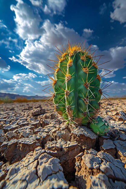 Prickly pear cactus growing in the cracked desert