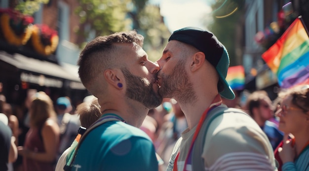 사진 사람 들 의 군중 가운데 키스 하는 남자 들 의 자부심 축제 장면 은 행복 하고 축하 의 장면 이다