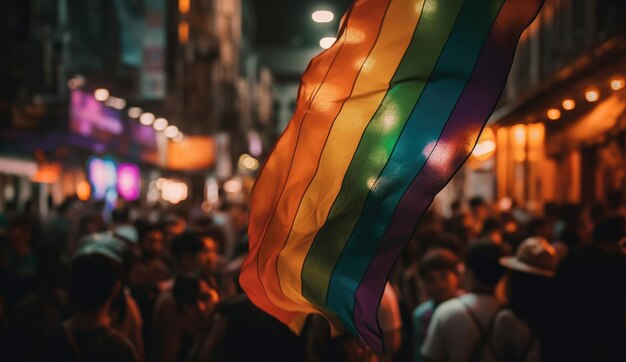 An pride flag in an evening crowd of bright lights in the city homosexual themes selective focus