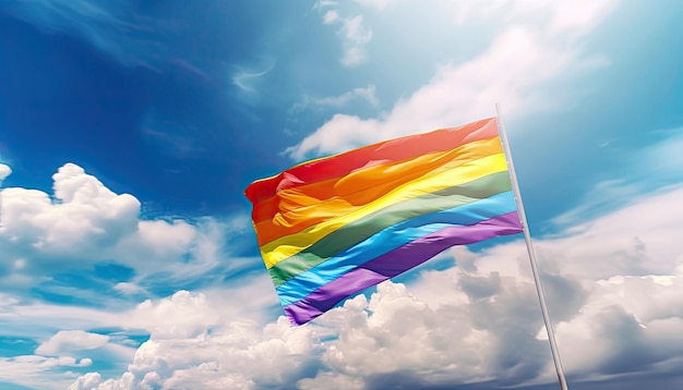 Pride in the Wind Rainbow Flag van de LGBT-gemeenschap tegen een Blue Sky Generative AI