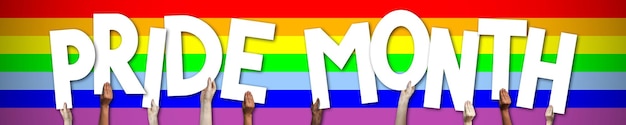 Foto pride maand lgbt banner menselijke handen met kleurrijke letters