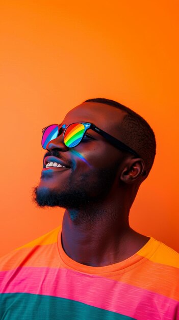 Photo pride month an african gay wearing glasses with lgbtq color clothes