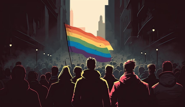 자부심의 달 LGBT 깃발과 다양한 집단의 사람들 Generative ai
