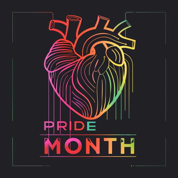 Pride Month vector banner showing a heart pulsating with rainbow colors