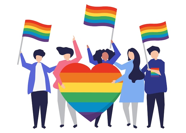 プライド・パレード (PRAYDE) - 透明な背景に LGBTQ ジェンダー平等のイラストを描いたカートゥーン・コラージュ・エレメント