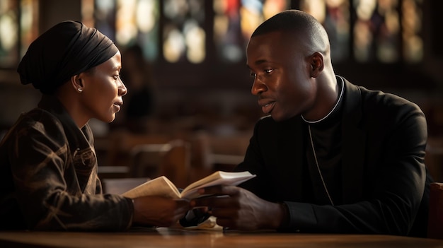 A priest in a church talking to a female parishioner Created with Generative AI technology