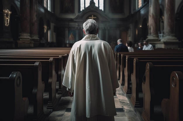 A priest in a church with a cross on the back