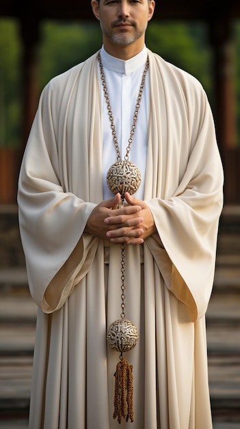 Foto sacerdote che aggrappa il rosario in primo piano con lo spazio di copia