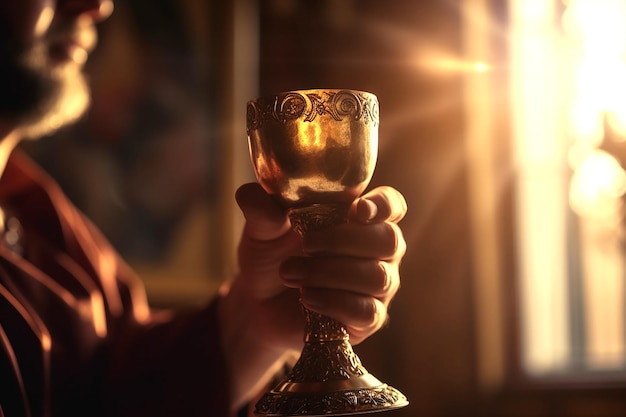 ワインの黄金の杯を持つ司祭の手 教会の窓から太陽光線が差し込む 生成AI