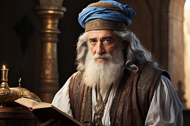 A priest old man with a blue turban on his head is reading a book