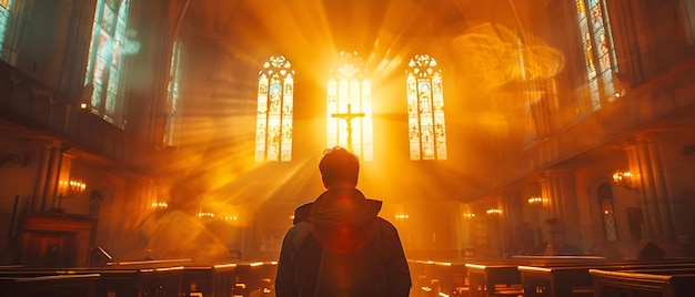 Photo priest prays in front of cross in church under sunlight rays concept religious iconography faith and devotion spiritual practices church interiors sunlight and shadows