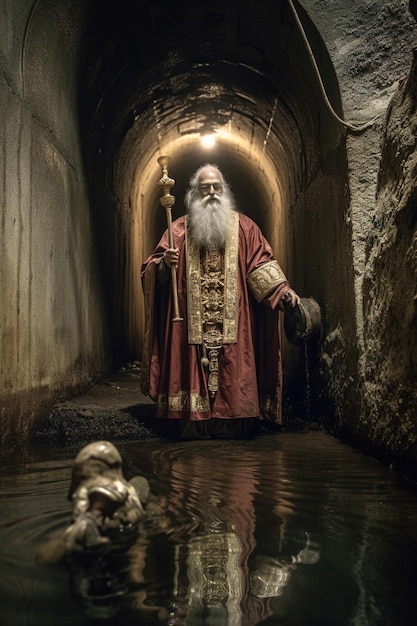 A priest in a tunnel with water