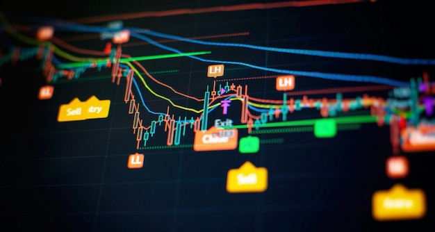 Foto prijsgrafiek en indicator rode en groene kandelaargrafiek op blauw themascherm marktvolatiliteit op en neer trend aandelenhandel crypto valuta achtergrond