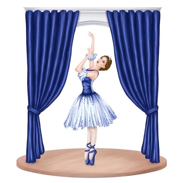 Prima ballerina on stage in a theater hall in an elegant blue tutu and pointe shoes A girl standing on tiptoe Opera performance dance show concert Isolated digital illustration