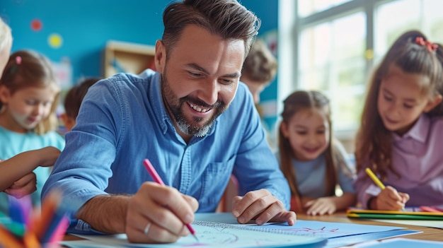 Primary education and mentorship in an elementary school classroom where students are taught to sketch with a coloring implement