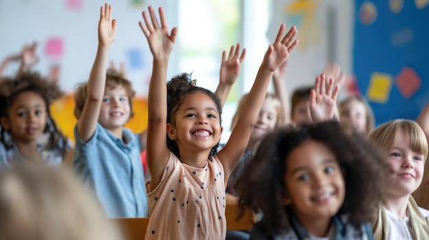 Photo primary school diverse cheerful smiling children sitting in light classroom with their hands up