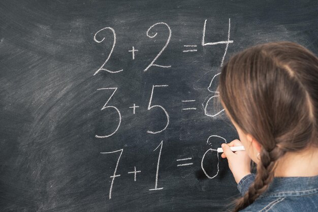 小学校教育数学の授業で黒板に合計をしている少女の背面図コピースペース