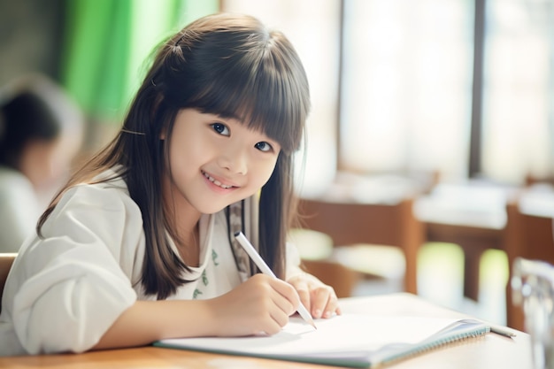 A primary school girl is learning to write