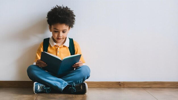 Primary schoolboy sitting on floor and reading isolated on white wall