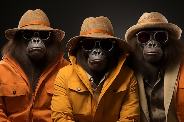 Primate Party Three Gorillas Wearing Funny Hats and Sunglasses