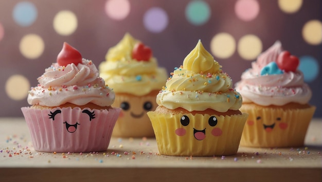 Фото primer plano de cupcakes decorados kawaii con glaseado pastel (первоначальный план печеньев, украшенных кавайи, с глазурью, пастелью)