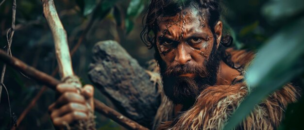 Photo a primitive caveman wearing animal skin and fur hunts with a stonetipped spear in the prehistoric forest an ape hunter with primitive tools takes a scavenging trip in the jungle