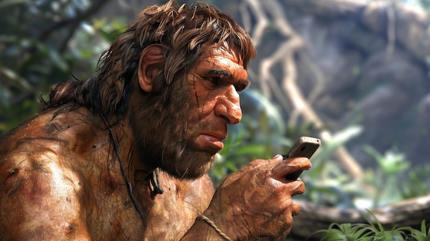 Photo primitive man embracing modernity caveman with smartphone symbolizing technological progress