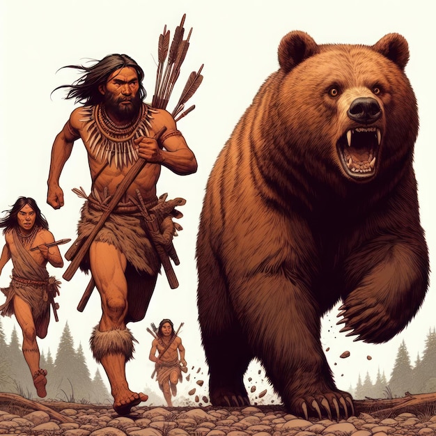 Primitive people chasing a big bear