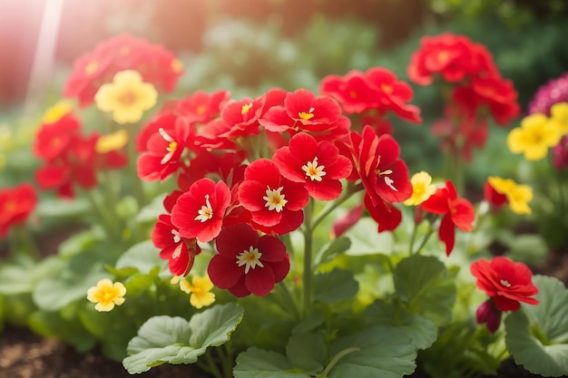 Photo primrose primula with red flowers