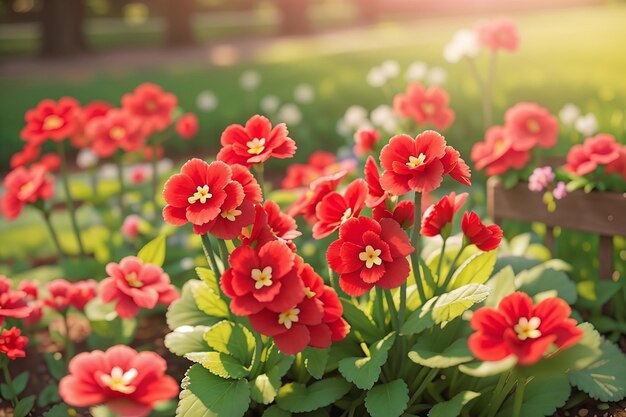 Photo primrose primula with red flowers